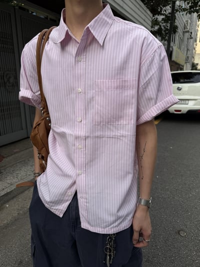 休閒高級感 潮流配色 顯肩寬 細條紋 短袖 襯衫 - 3C7