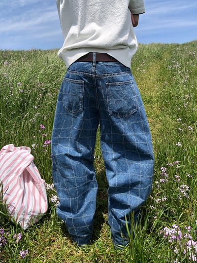 Baggy 牛津街頭 水波格紋 牛仔寬褲 - 1C17