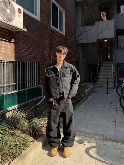 文藝鈕扣 降落傘抓皺 寬版 鬆緊帶 牛仔褲 (set-up) - 2C7