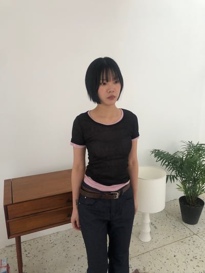 韓系簡約 配色疊穿 透視輕薄 短袖上衣 - 11C1