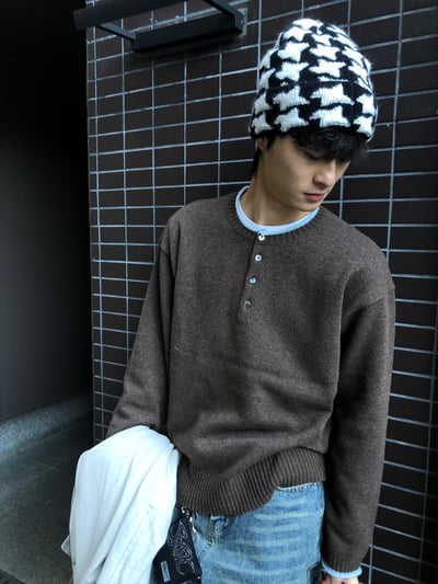 層疊配色 亨利領 寬鬆 毛衣 - 4C9