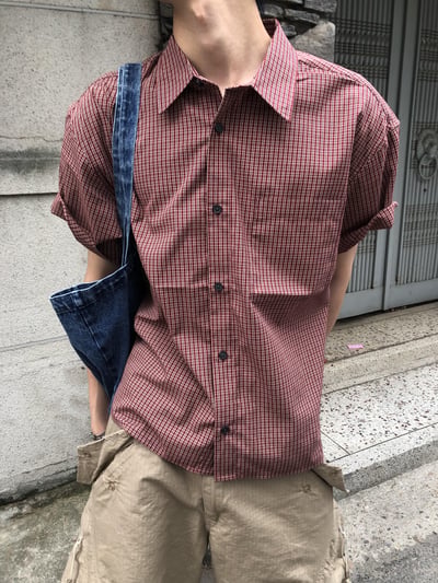 日系復古風 格紋設計 修身短版 短袖 襯衫 - 5C1
