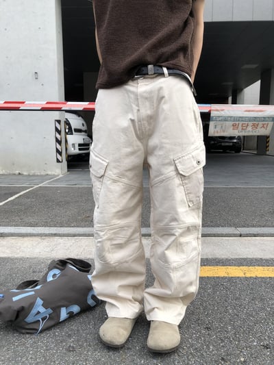 高級休閒感 雙層縫線 斜線造型 直筒微寬 工裝褲 - 3C6