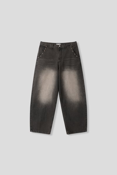 漸層水洗 鑲式卯釘 大口袋 牛仔寬褲 - 2C21