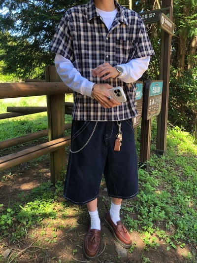 不對稱縫線 背面殺手 百慕達 7分 牛仔短褲 - 2C18