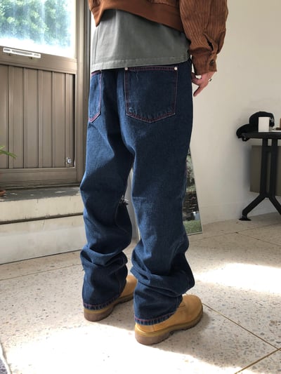 美式街頭 紅色警戒 破壞 直筒 微寬版 牛仔褲 - 1C11