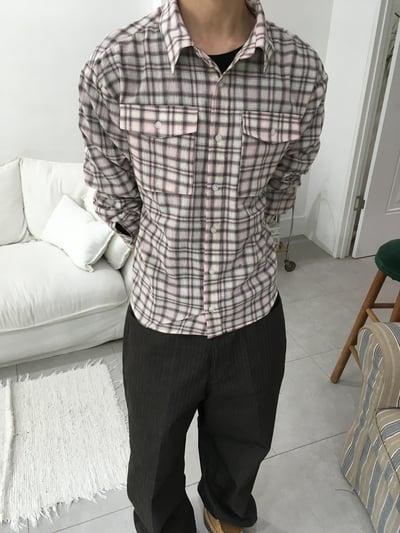 街頭復古感 格紋 涼爽亞麻 短版襯衫 - 2C4