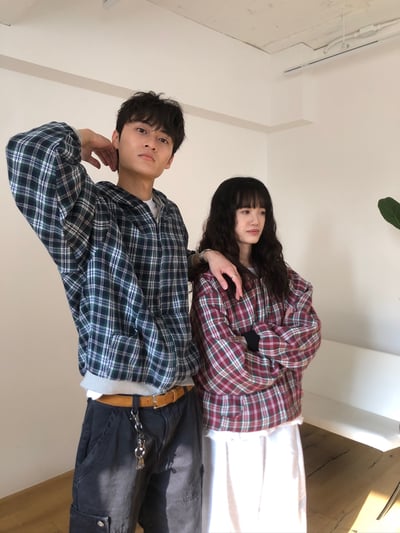 美式潑漆感 復古格紋 雙面連帽外套 - 2C2