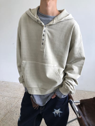 復古街頭 重磅 復古水洗 亨利領 帽T - 3C10