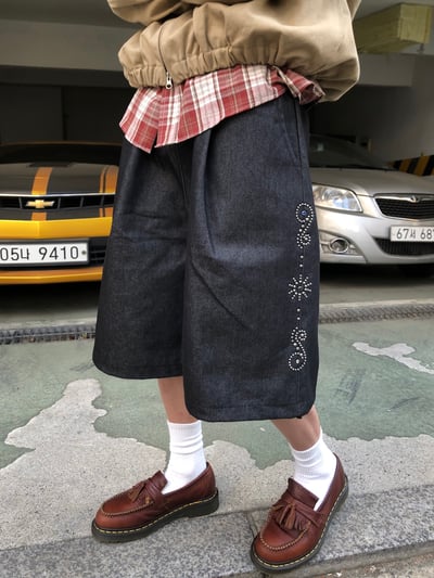 印第安 傳統花紋 高級卯釘 牛仔 百慕達短褲 - 2C15