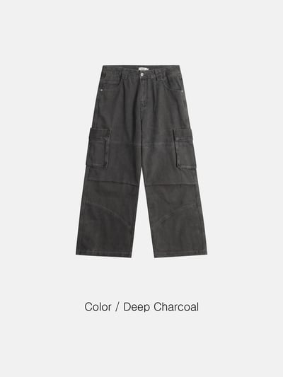 雙膝抓皺 線條結構 直筒寬版 工裝褲 - 2C20