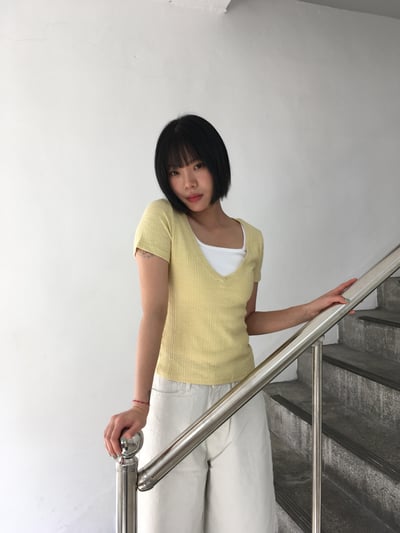 深V領 純慾天花板 夏季修身 豎紋短袖 - 5C1