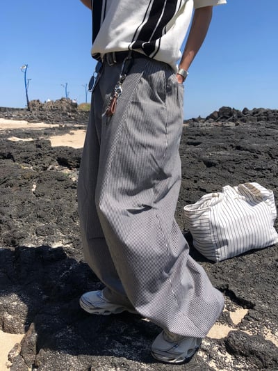 Lanson 俐落剪裁 抓皺割線 細條紋 寬褲 - 2C14