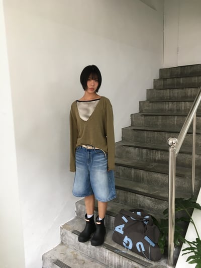 韓女基本款 大口袋 牛仔 6分短褲 - 2C12
