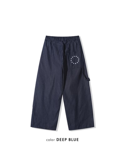 紐約型男 眾星刺繡 單層褶皺 條紋 牛仔寬褲 - 2C21