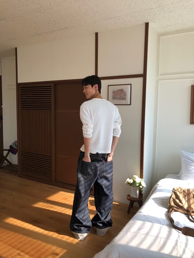 東京小夥 反折褲管 條紋結構 原牛寬褲 - 2C11