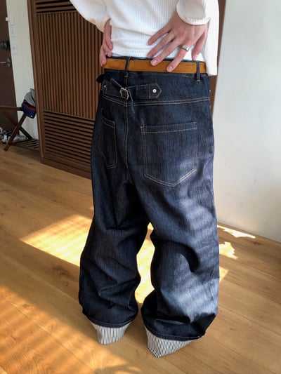 東京小夥 反折褲管 條紋結構 原牛寬褲 - 2C4