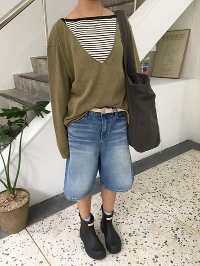 韓女基本款 大口袋 牛仔 6分短褲 - 2C17
