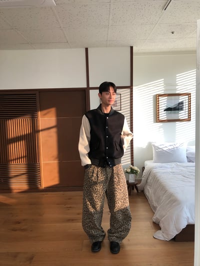 街頭指標 雙層褶皺 俐落線條 豹紋 寬褲 - 3C10