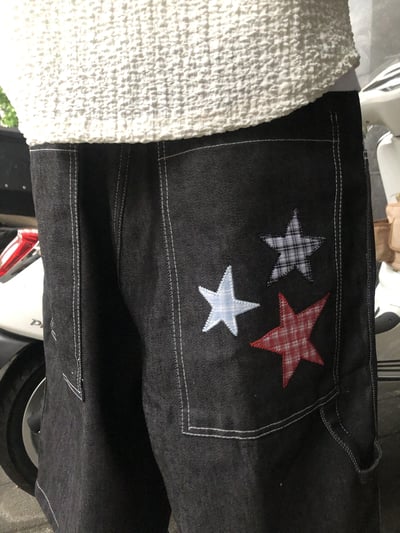 可愛街頭 星星 格紋刺繡 牛仔 7分短褲 - 1C10