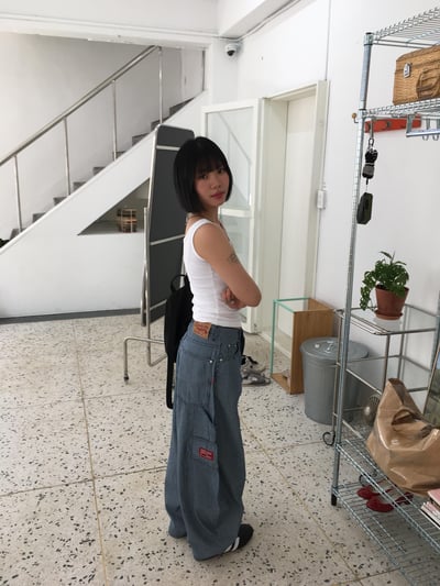 歐美經典 街頭工裝 細條紋 貼布 薄寬褲 - 2C17