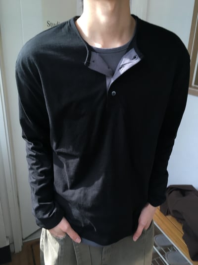 休閒亨利領 懶人層疊配色 素面 薄長袖 - 4C13