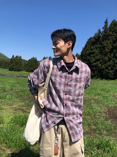 文藝浪漫派 夏季輕薄 撞色格紋 寬鬆襯衫 - 3C4