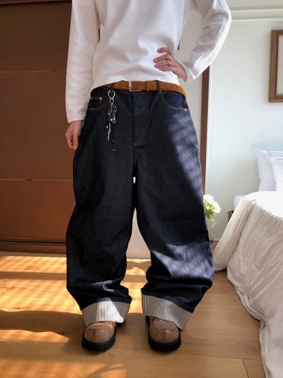 東京小夥 反折褲管 條紋結構 原牛寬褲 - 2C8