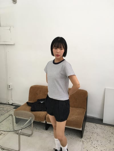 (1+1)萬能百搭 細條紋 修身 短版 短袖 - 4C9