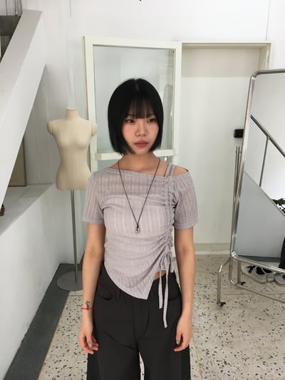 夏季薄紗 透視唯美 抽繩 針織 短袖 - 4C9
