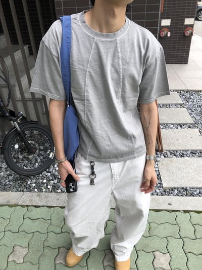 復古刷色 開線視覺肩寬 短版 短袖 上衣 - 3C11