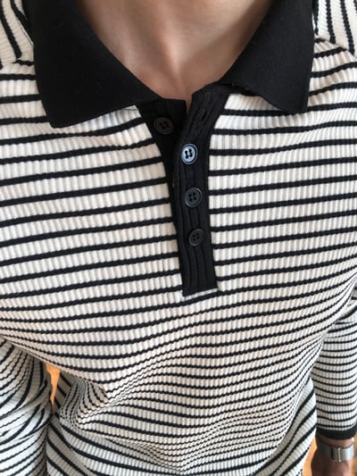 經典條紋 亨利領 修身版型 翻領 貼身 長袖 - 3C7