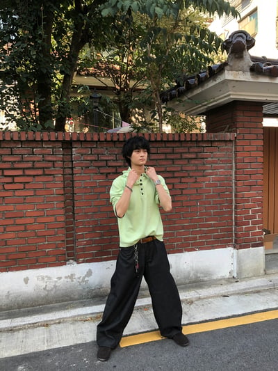 街頭經典百搭 細條紋 鬆緊帶 寬版 牛仔長褲 - 3C21