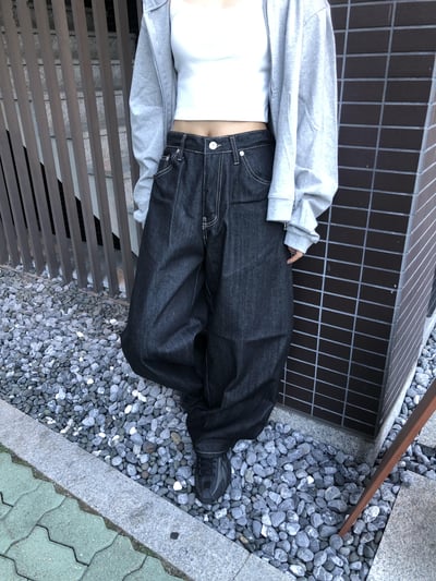 背影殺手 高檔縫線 鬆緊帶 寬版 牛仔長褲 - 3C19