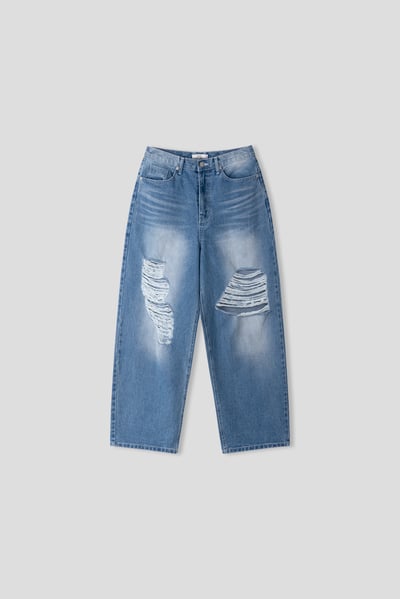 高檔布料 漸層刷色 街頭破洞 牛仔寬褲 - 2C22