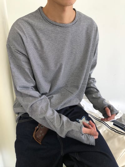 高質感 休閒風 細條紋 層疊穿搭 指套 長袖 - 4C4