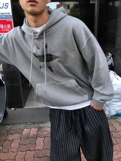 不規則星形 高質感刺繡 水洗帽T 長袖 - 3C11