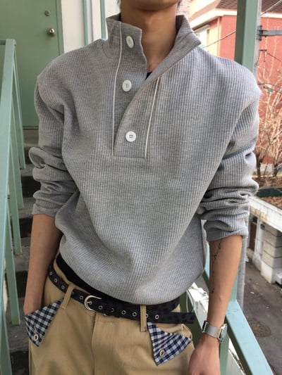 半高開V領 鈕扣 短版 華夫格 指套 薄長袖 - 3C1