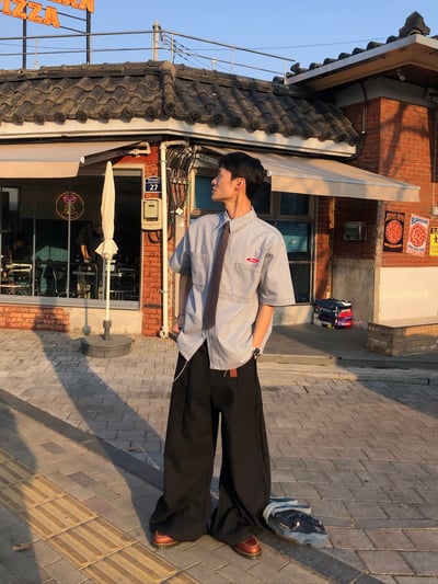 Peace 極簡主義 細條紋 短袖 牛仔襯衫 (set - up) - 2C2