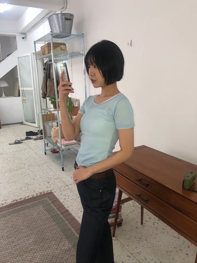 韓系簡約 配色疊穿 透視輕薄 短袖上衣 - 11C12