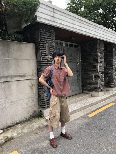 復古街頭 類尼龍 夏季清爽 斜口袋 工裝短褲 - 3C15