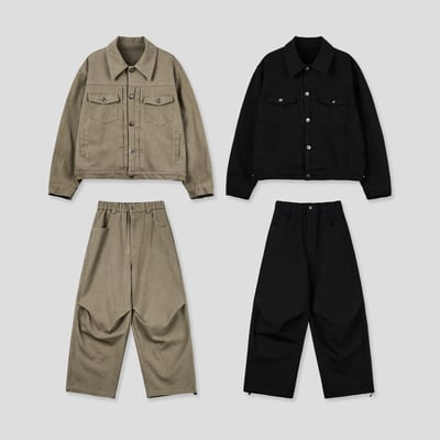 文藝鈕扣 降落傘抓皺 寬版 鬆緊帶 牛仔褲 (set-up) - 2C21