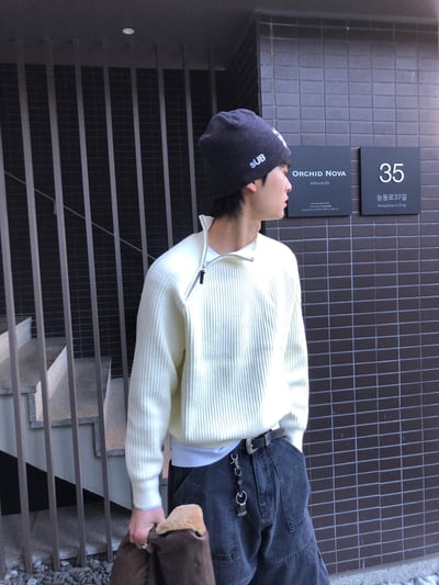 半高領 側邊拉鍊 修身短版 高檔毛衣 - 4C7