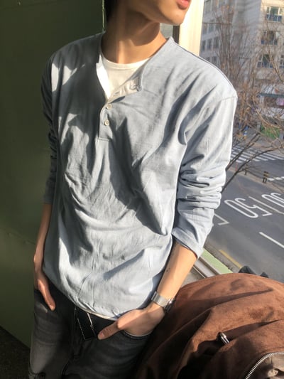 休閒亨利領 懶人層疊配色 素面 薄長袖 - 4C12