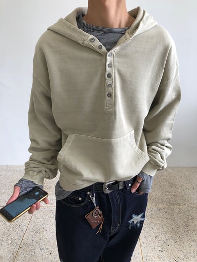 復古街頭 重磅 復古水洗 亨利領 帽T - 3C1