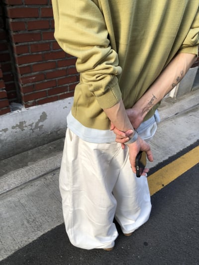夏天必備 亞麻親膚 雙層抓皺 牛仔 寬褲 - 2C14