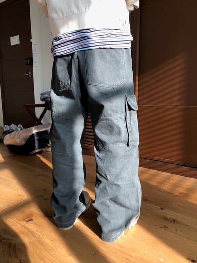 雙膝抓皺 線條結構 直筒寬版 工裝褲 - 2C7