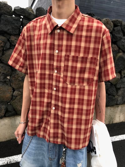 倫敦街頭 親膚涼感 短版 格紋 短袖襯衫 - 4C18