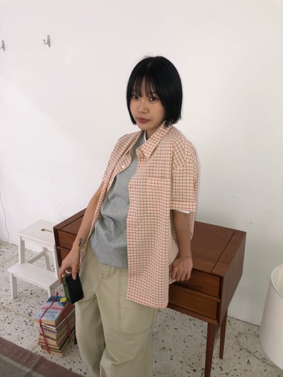 多巴安配色 涼感短版 格紋 短袖襯衫 - 2C1