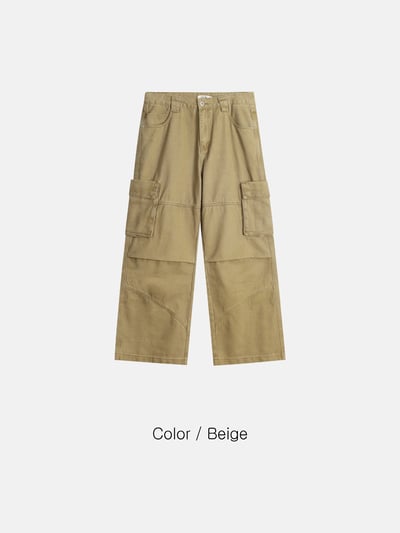 雙膝抓皺 線條結構 直筒寬版 工裝褲 - 2C19